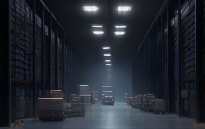 Autonomous robots gliding silently across the dark floor of an automated fulfillment center surrounded by towering storage racks