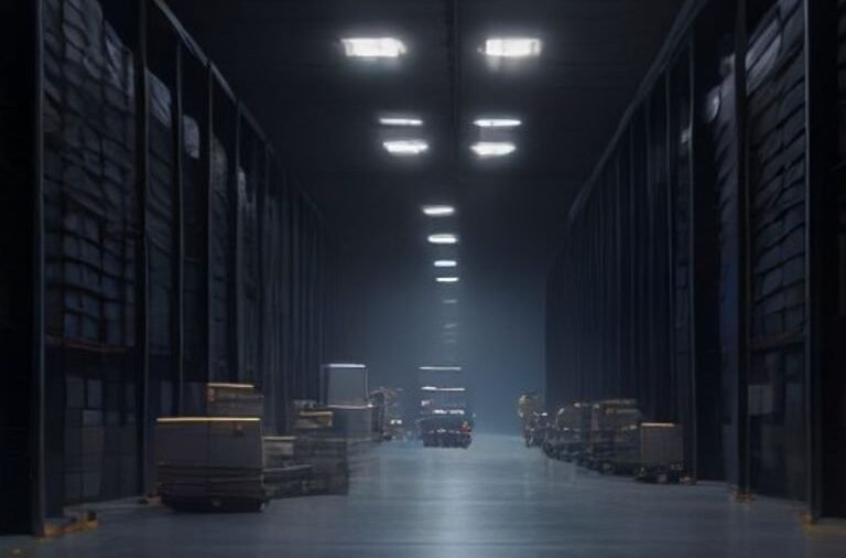 Autonomous robots gliding silently across the dark floor of an automated fulfillment center surrounded by towering storage racks