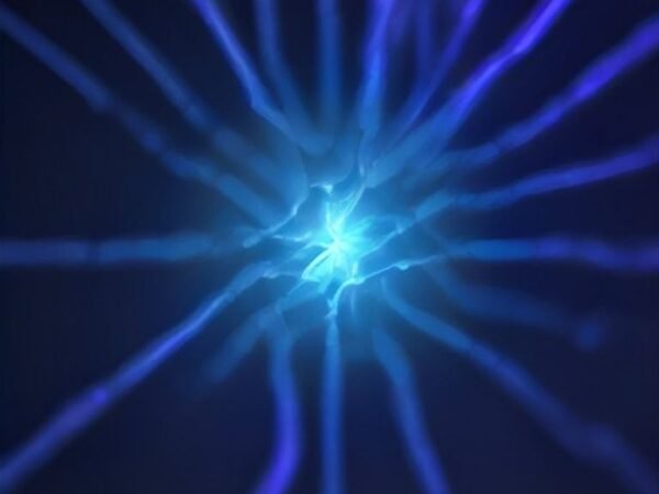 Close-up of a futuristic microchip connecting with glowing neural pathways, representing brain-computer interface technology.