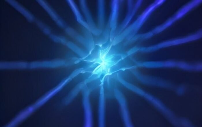 Close-up of a futuristic microchip connecting with glowing neural pathways, representing brain-computer interface technology.
