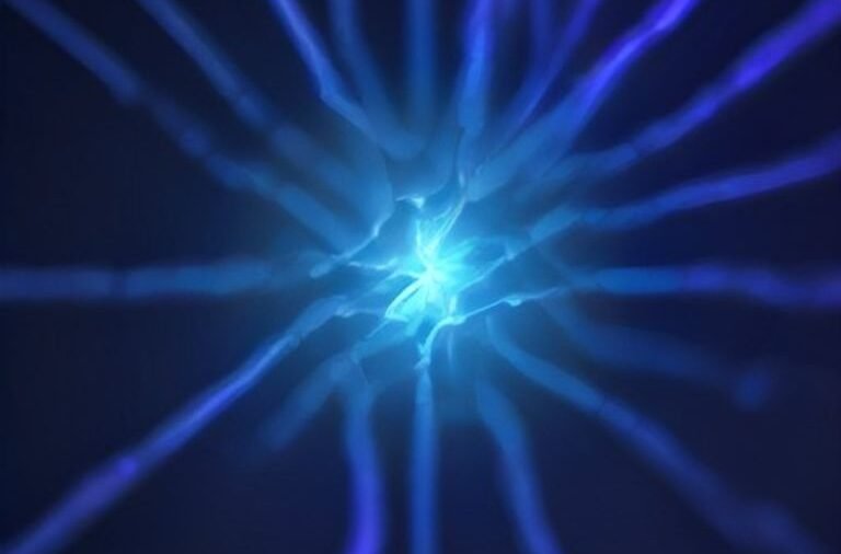 Close-up of a futuristic microchip connecting with glowing neural pathways, representing brain-computer interface technology.