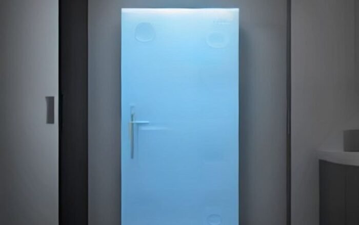 A modern smart refrigerator with a glowing digital touchscreen in a contemporary kitchen setting.