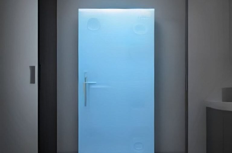 A modern smart refrigerator with a glowing digital touchscreen in a contemporary kitchen setting.