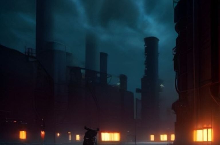 An advanced quadrupedal robot dog patrolling a high-security power plant facility.