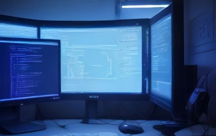 A modern developer workspace with dual monitors displaying source code and an AI coding assistant interface.
