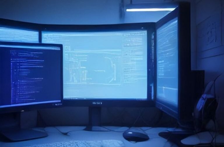A modern developer workspace with dual monitors displaying source code and an AI coding assistant interface.