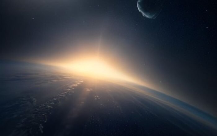 Earth viewed from space, surrounded by a dense field of orbiting space debris and defunct satellites.