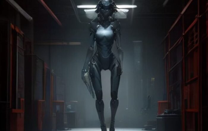 An advanced humanoid robot operating in a modern industrial workspace.