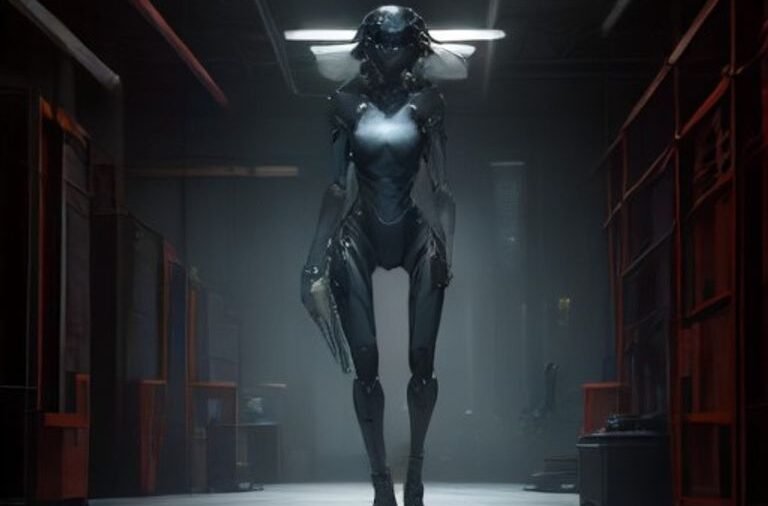 An advanced humanoid robot operating in a modern industrial workspace.