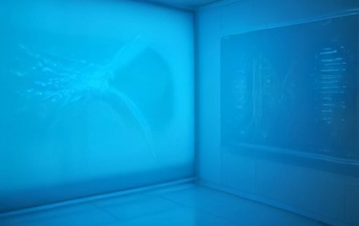 Digital X-ray scan being analyzed by artificial intelligence software on a glowing futuristic medical screen.