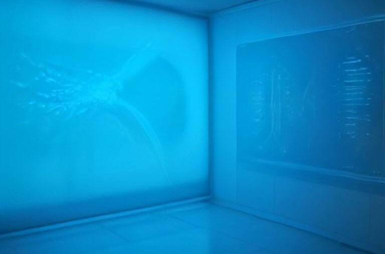 Digital X-ray scan being analyzed by artificial intelligence software on a glowing futuristic medical screen.