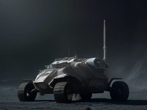 A futuristic lunar mining rover operating on the Moon's surface with Earth in the background.