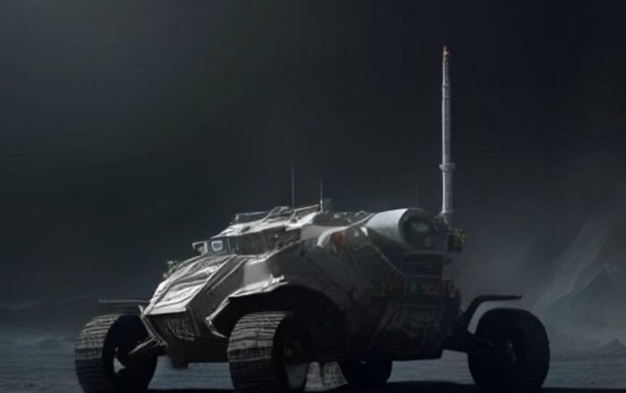 A futuristic lunar mining rover operating on the Moon's surface with Earth in the background.