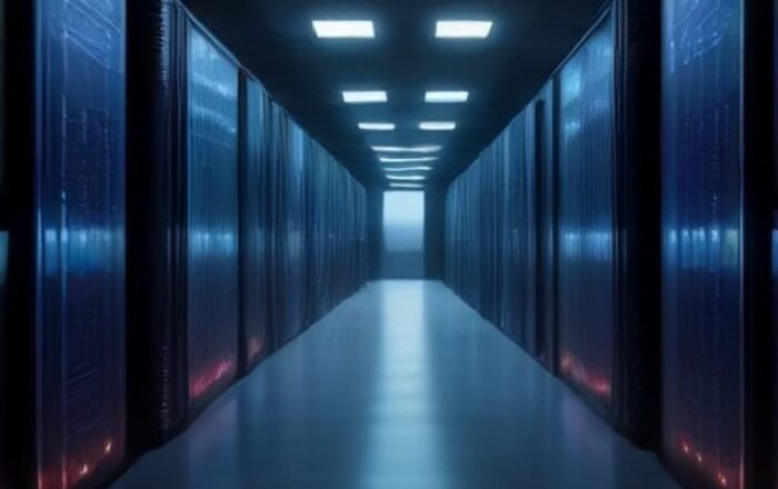 Rows of advanced supercomputer server racks with glowing blue and orange indicator lights in a high-tech data center.