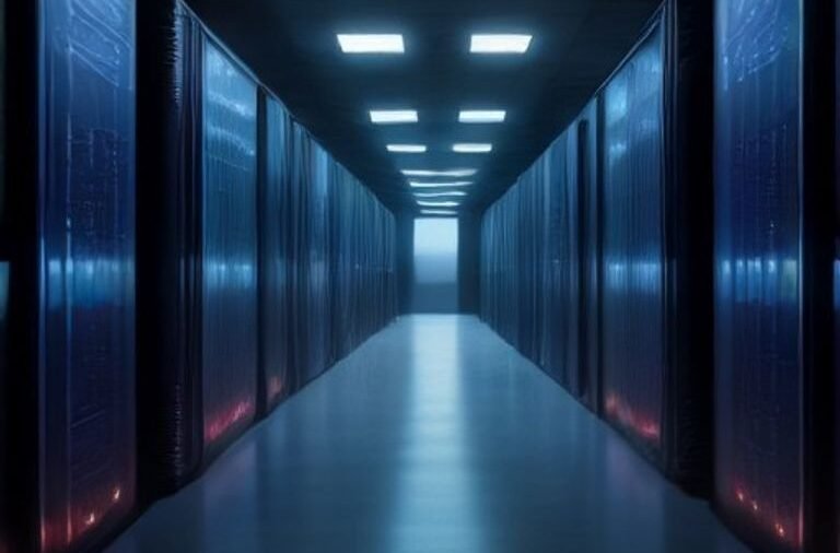 Rows of advanced supercomputer server racks with glowing blue and orange indicator lights in a high-tech data center.