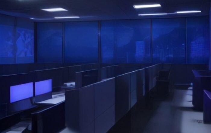 A modern computer workstation displaying cybersecurity code and network diagrams in a dimly lit office.