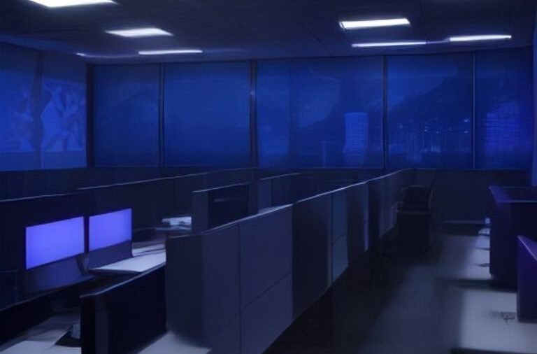 A modern computer workstation displaying cybersecurity code and network diagrams in a dimly lit office.