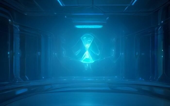 Futuristic laboratory showing DNA strands interfacing with digital code and automated biotechnology equipment for synthesizing medicine.