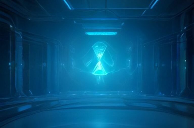 Futuristic laboratory showing DNA strands interfacing with digital code and automated biotechnology equipment for synthesizing medicine.