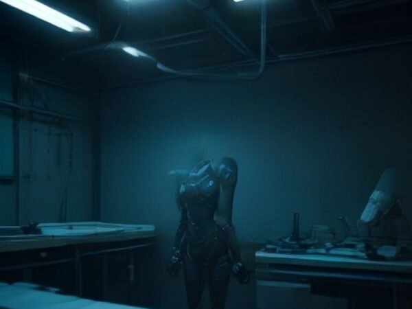 A sleek humanoid robot standing in a modern robotics research laboratory surrounded by high-tech equipment.