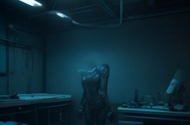 A sleek humanoid robot standing in a modern robotics research laboratory surrounded by high-tech equipment.