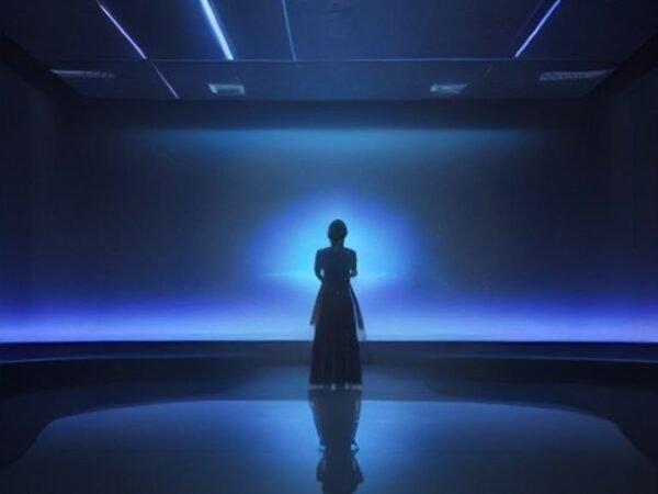 A futuristic television studio featuring a digital avatar silhouette at a news desk, representing AI-generated news anchors.