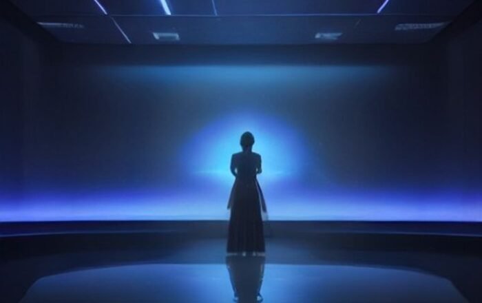 A futuristic television studio featuring a digital avatar silhouette at a news desk, representing AI-generated news anchors.