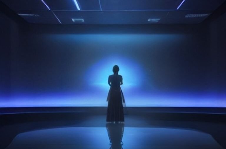 A futuristic television studio featuring a digital avatar silhouette at a news desk, representing AI-generated news anchors.