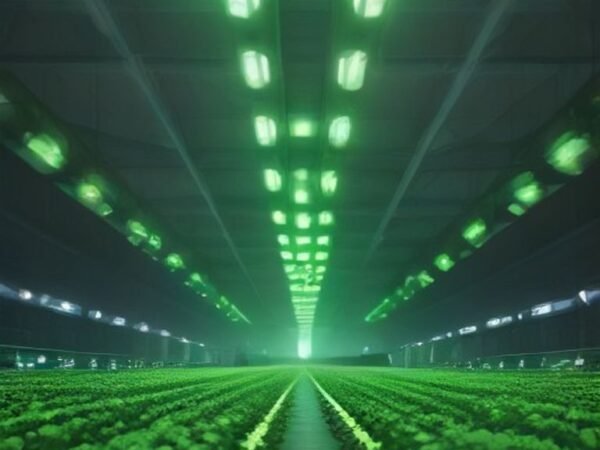 Advanced robotic arms and LED lights inside a fully automated vertical robot-run farm.