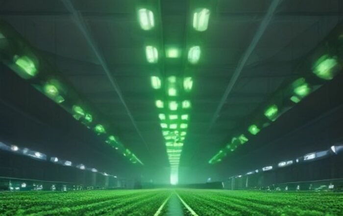 Advanced robotic arms and LED lights inside a fully automated vertical robot-run farm.
