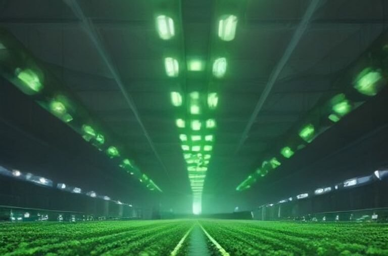 Advanced robotic arms and LED lights inside a fully automated vertical robot-run farm.