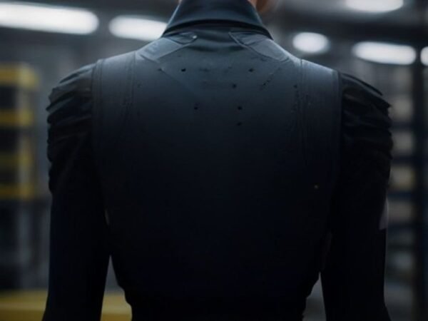 An industrial ergonomic exoskeleton worn by a logistics worker inside a modern distribution warehouse.