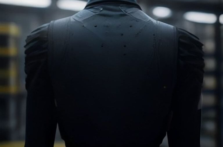 An industrial ergonomic exoskeleton worn by a logistics worker inside a modern distribution warehouse.