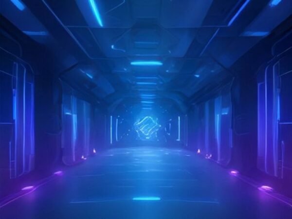 A glowing holographic neural network generating complex 3D video game environments in real-time.