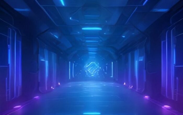 A glowing holographic neural network generating complex 3D video game environments in real-time.