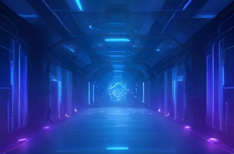 A glowing holographic neural network generating complex 3D video game environments in real-time.