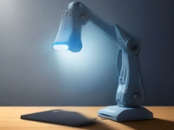 A robotic arm learning to fold a shirt on a table in a high-tech lab setting.