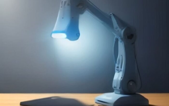 A robotic arm learning to fold a shirt on a table in a high-tech lab setting.