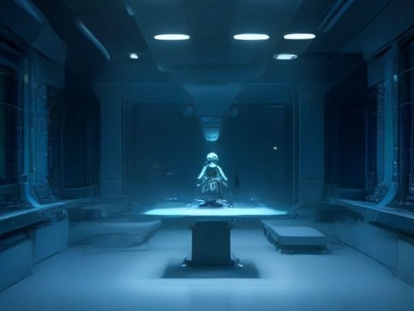 A futuristic automated scientific discovery lab with robotic arms and digital visualizations of molecular structures.
