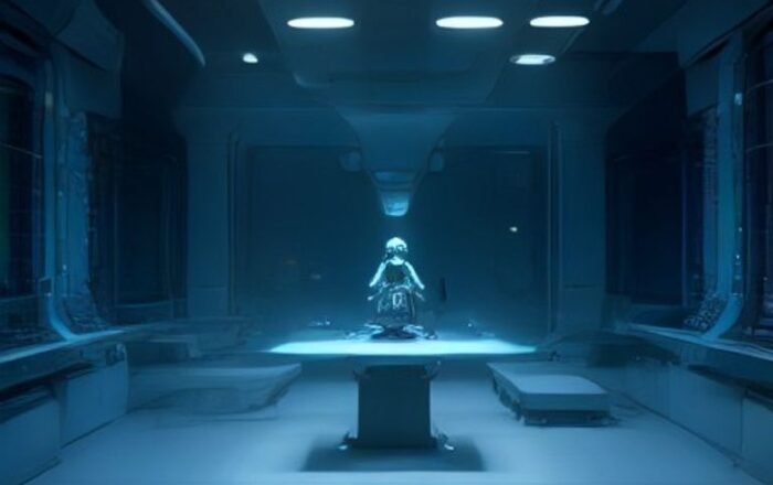 A futuristic automated scientific discovery lab with robotic arms and digital visualizations of molecular structures.
