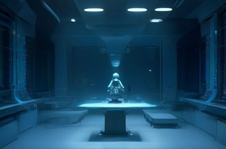 A futuristic automated scientific discovery lab with robotic arms and digital visualizations of molecular structures.